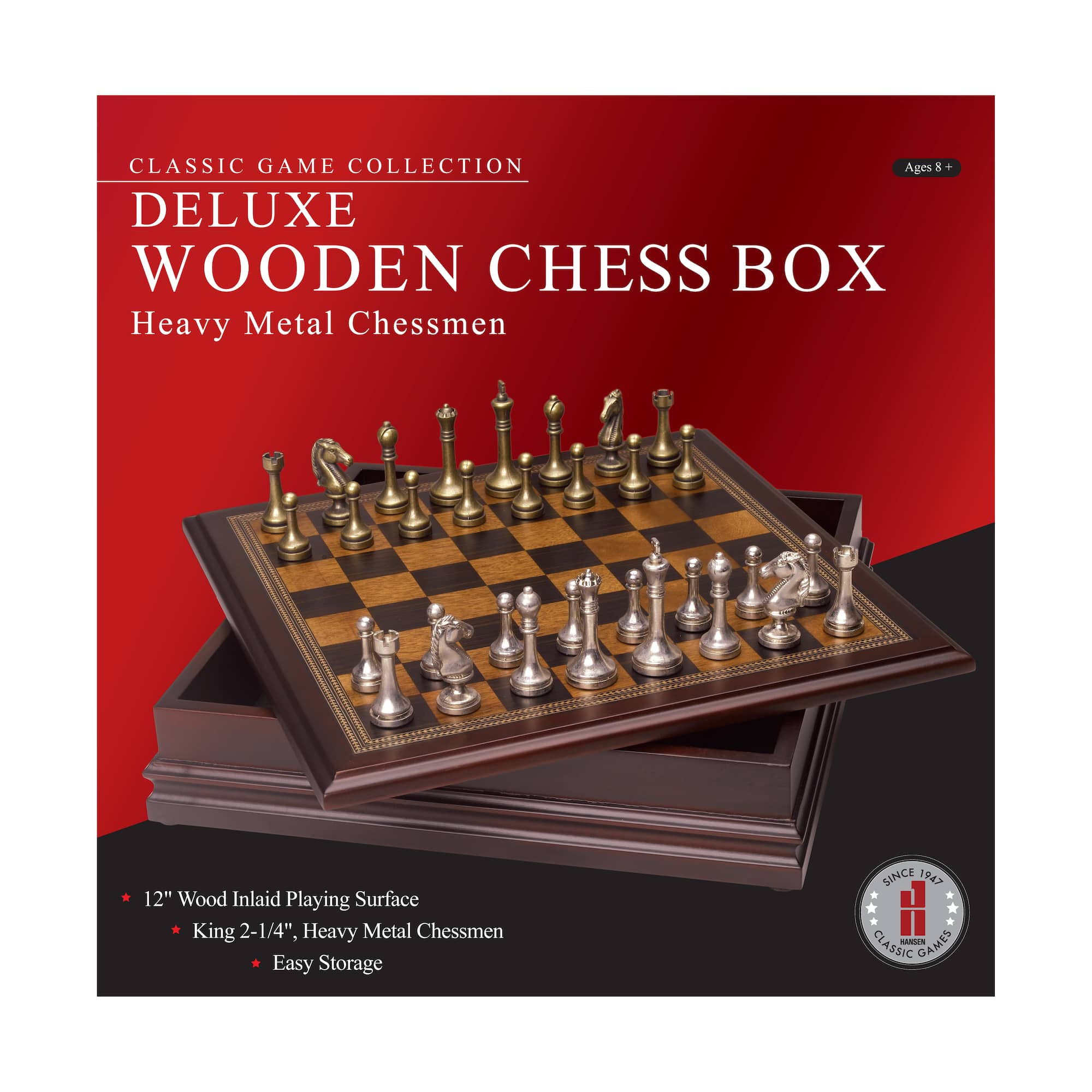 Classic Game Collection Deluxe Wooden Chess Box with Heavy Metal Chessmen